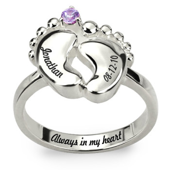 Engraved Baby Feet Ring with Birthstone Sterling Silver Engraved Baby Feet Ring with Birthstone Sterling Silver