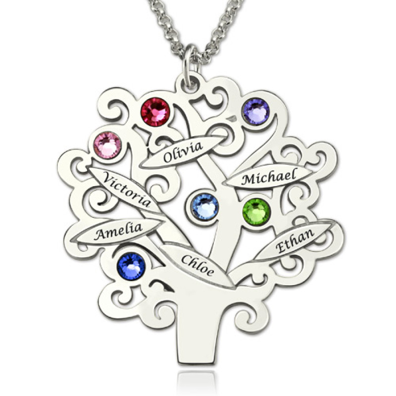 Engraved Family Tree Necklace with Birthstones Personalised engraved family tree necklace with birthstones