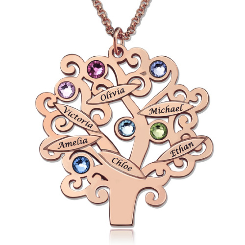 Engraved Family Tree Necklace with Birthstones Personalised engraved family tree necklace with birthstones