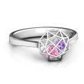 Personalised diamond cage ring with encased heart stones