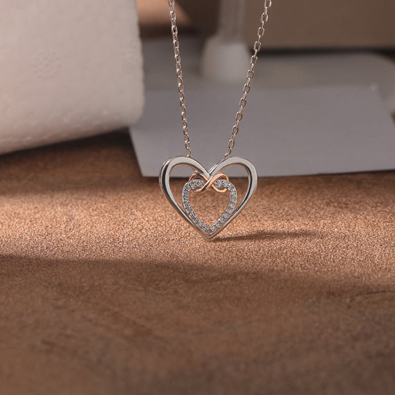 Sterling silver double heart infinity diamond pendant necklace