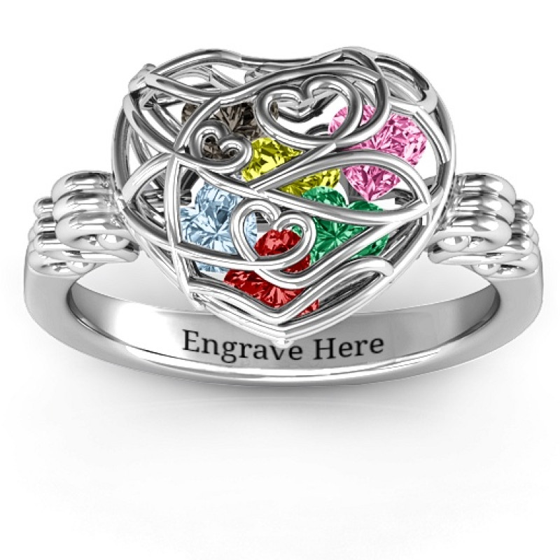 Encased in Love caged hearts ring with butterfly wings band product view