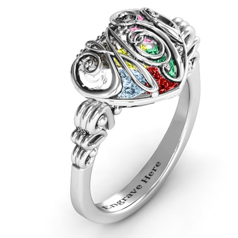 Cursive Mom Caged Hearts Ring with Butterfly Wings Band Cursive Mom caged hearts ring with butterfly wings band
