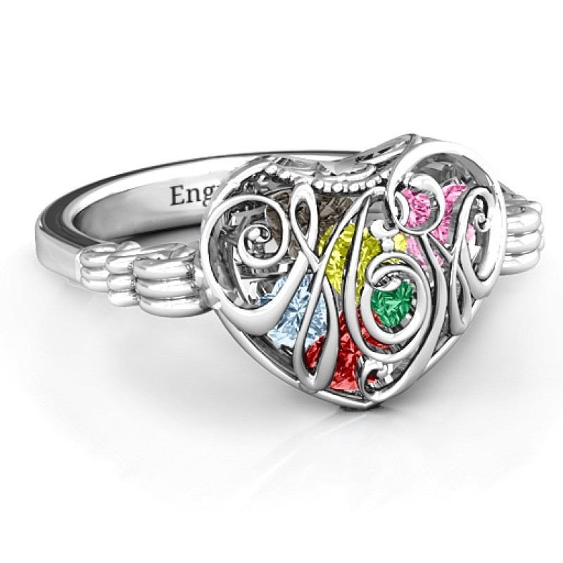 Cursive Mom Caged Hearts Ring with Butterfly Wings Band Cursive Mom caged hearts ring with butterfly wings band