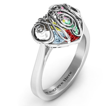 Cursive Mom Caged Hearts Ring with Ski Tip Band Cursive Mom Caged Hearts Ring with Ski Tip Band