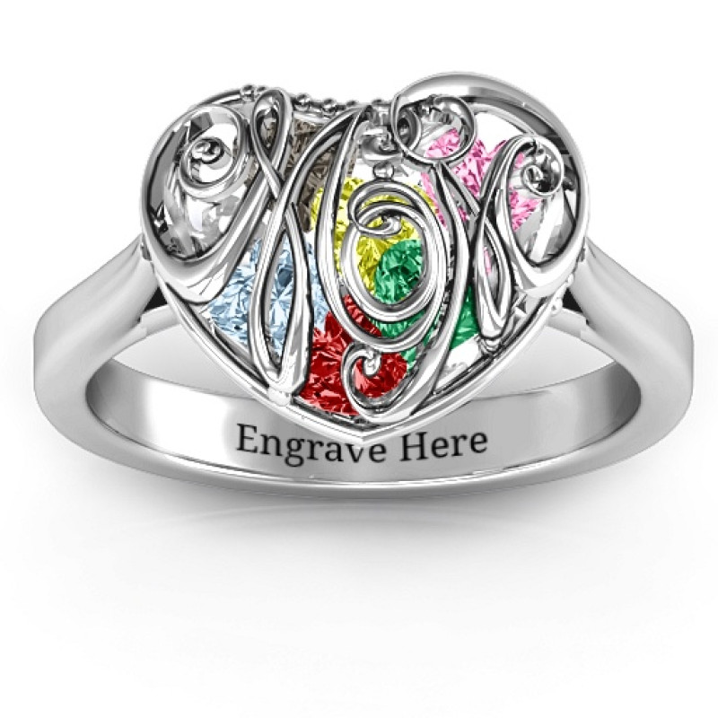 Cursive Mom Caged Hearts Ring with Ski Tip Band Cursive Mom Caged Hearts Ring with Ski Tip Band product view