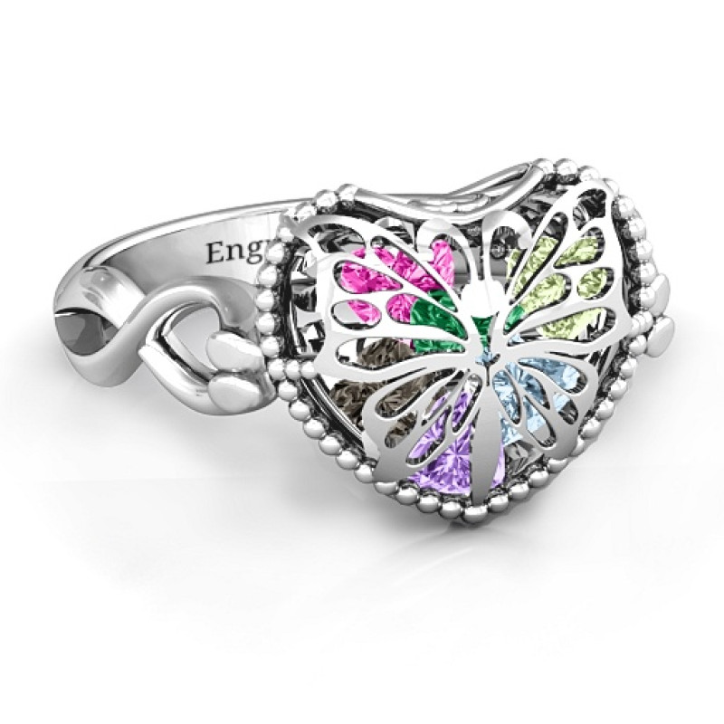 Butterfly Caged Hearts Ring Heart Cage Butterfly caged hearts ring with heart stone cage