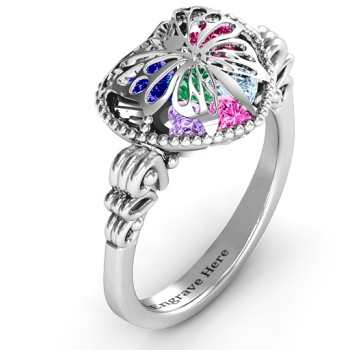 Butterfly Caged Hearts Ring with Butterfly Wings Band Butterfly Caged Hearts Ring with Butterfly Wings Band