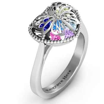 Butterfly Caged Hearts Ring with Ski Tip Band Butterfly Caged Hearts Ring with Ski Tip Band