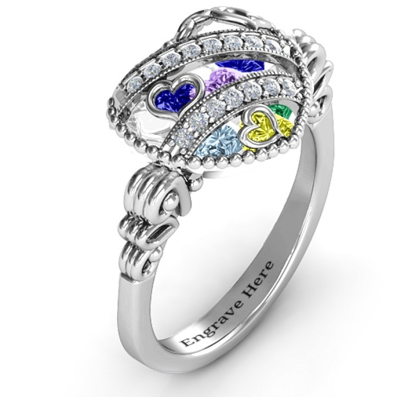 Diamond Hearts Caged Hearts Ring with Butterfly Wings Band Diamond Hearts Caged Hearts Ring with butterfly wings band