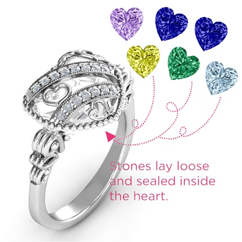 Diamond Hearts Caged Hearts Ring with Butterfly Wings Band Diamond Hearts Caged Hearts Ring with butterfly wings band