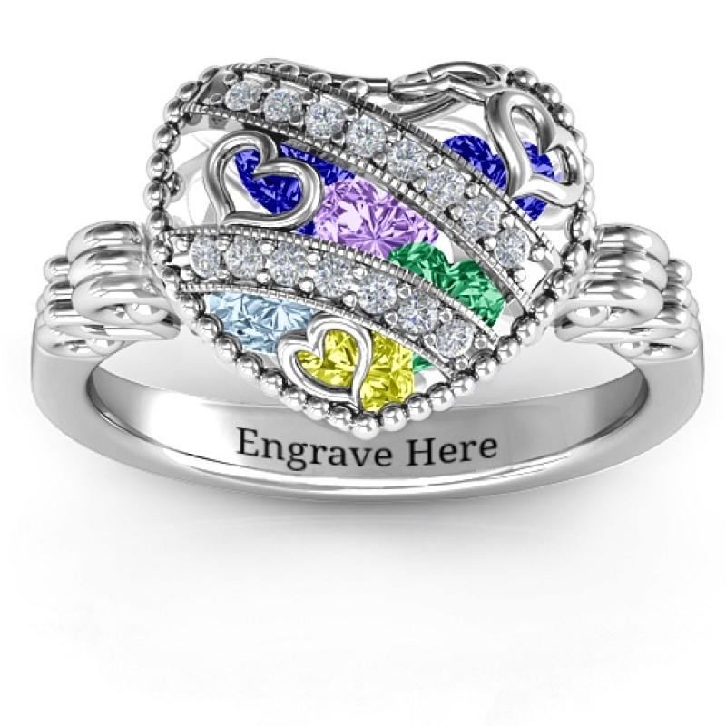 Diamond Hearts Caged Hearts Ring with Butterfly Wings Band Diamond Hearts Caged Hearts Ring with butterfly wings band