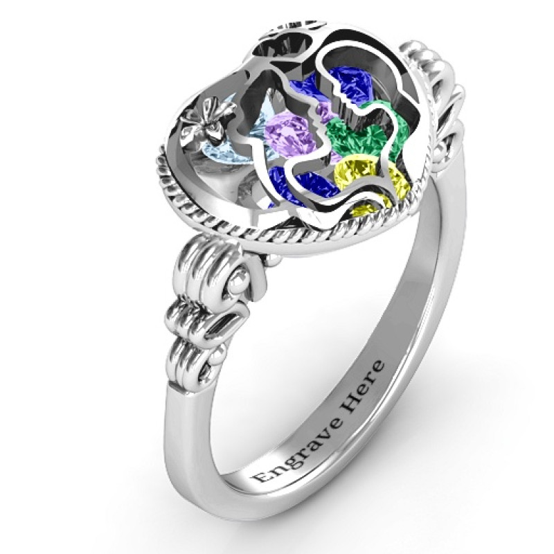 Mother and Child Caged Hearts Ring with Butterfly Wings Band Mother and Child Caged Hearts Ring with Butterfly Wings Band