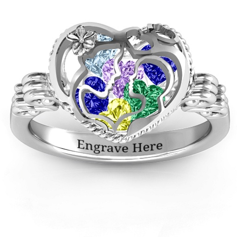 Mother and Child Caged Hearts Ring with Butterfly Wings Band Mother and Child Caged Hearts Ring with Butterfly Wings Band