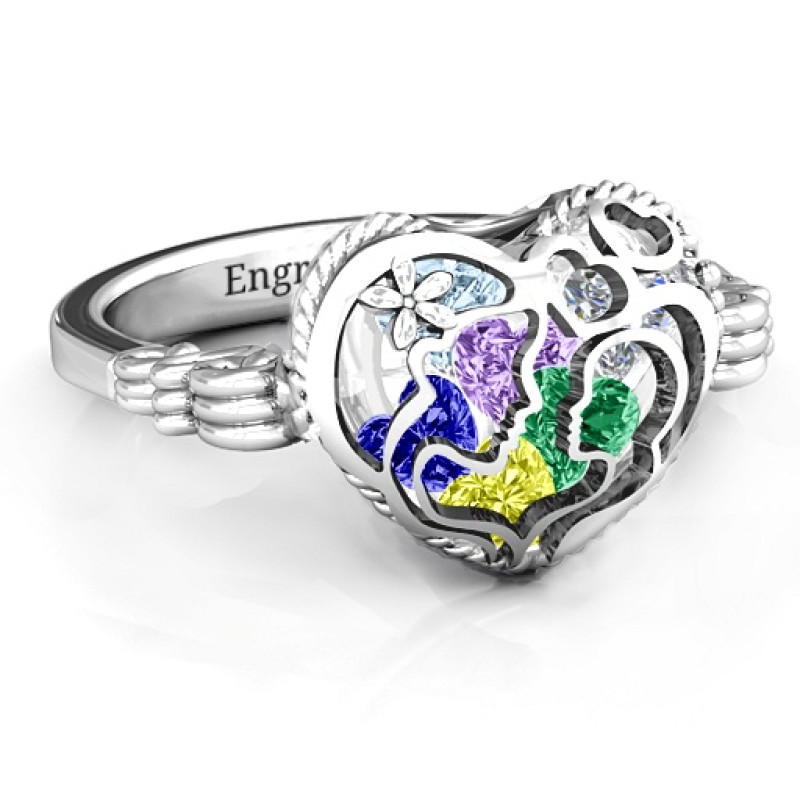 Mother and Child Caged Hearts Ring with Butterfly Wings Band Mother and Child Caged Hearts Ring with Butterfly Wings Band