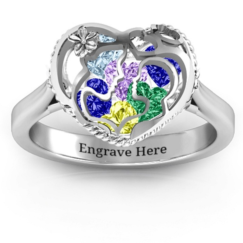 Mother and Child Caged Hearts Ring with Ski Tip Band Mother and Child Caged Hearts Ring with Ski Tip Band