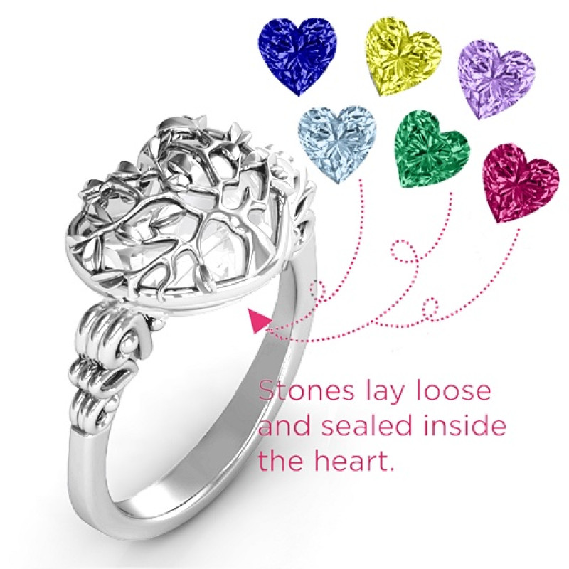 Caged Hearts Ring detail Family Tree Caged Hearts Ring with Butterfly Wings Band detail view