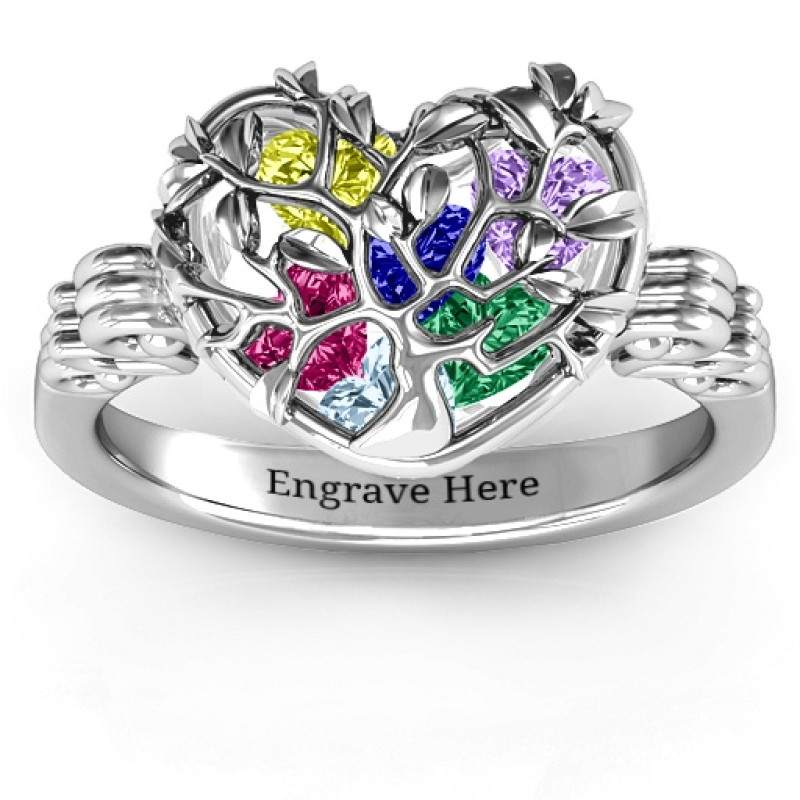Caged Hearts Ring product view Family Tree Caged Hearts Ring with Butterfly Wings Band product view