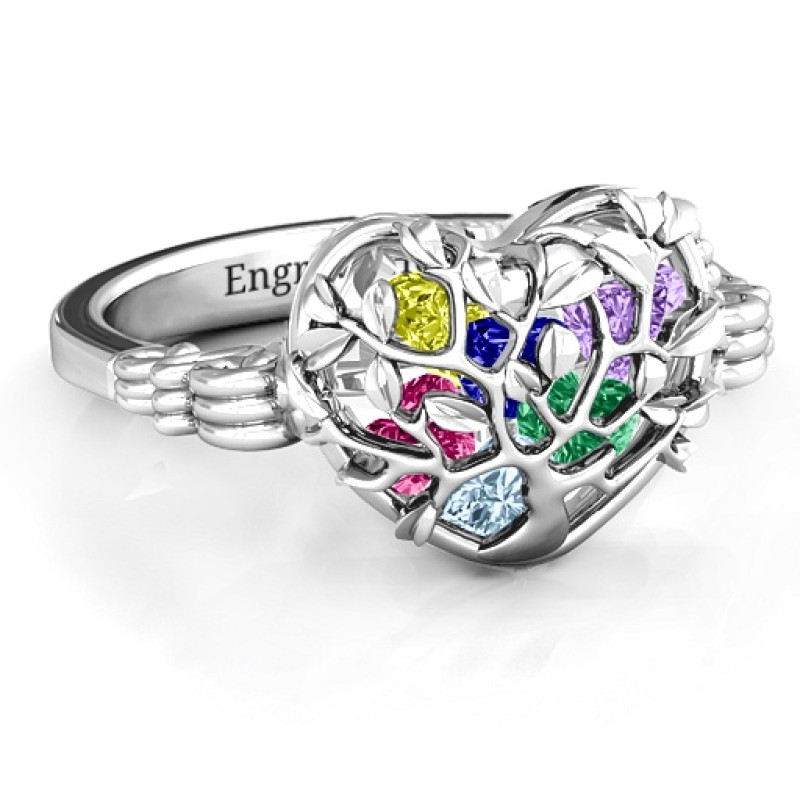 Family Tree Caged Hearts Ring with Butterfly Wings Band Family Tree Caged Hearts Ring with Butterfly Wings Band