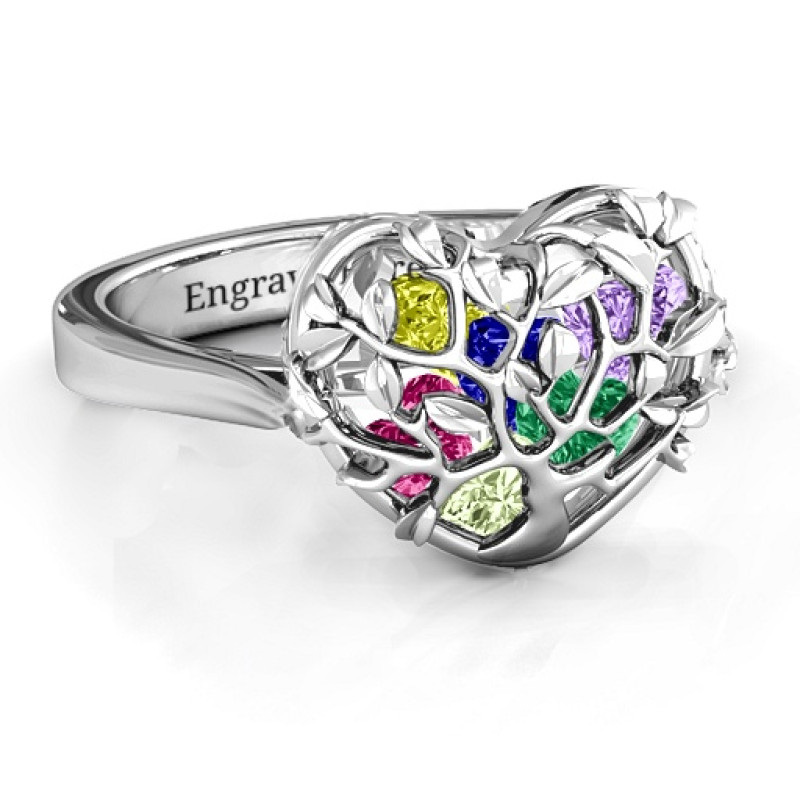 Family Tree Caged Hearts Ring with Ski Tip Band Family Tree Caged Hearts Ring with Ski Tip Band
