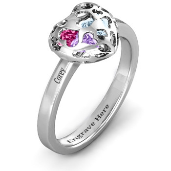 Heart Cut-out Petite Caged Hearts Ring with Classic with Engravings Band