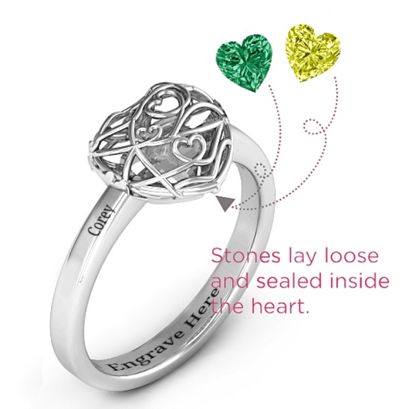 Side view of the petite caged hearts ring with classic band