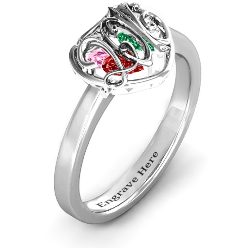 Petite Caged Hearts Ring with Engraved Band Petite caged hearts ring with a classic engraved band