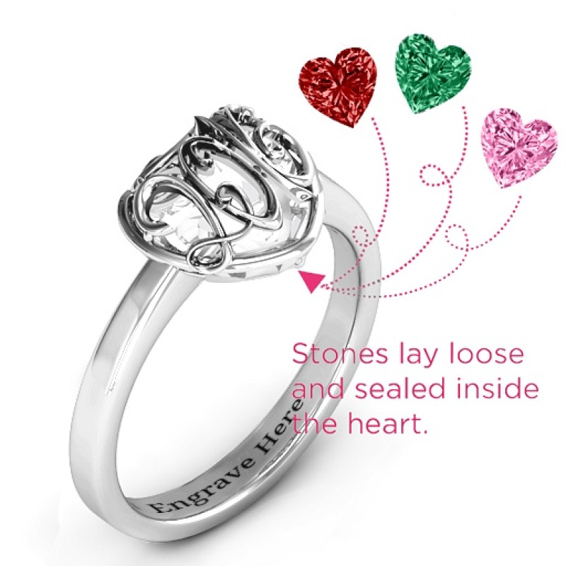 Petite Caged Hearts Ring with Engraved Band Petite caged hearts ring with a classic engraved band