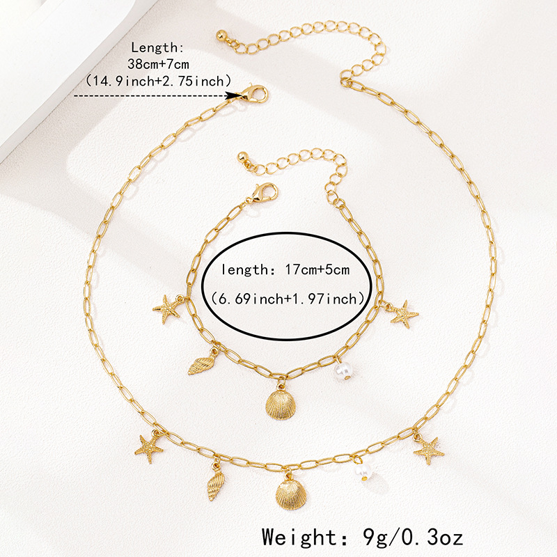 Gold Tone Shell & Starfish Jewellery Set | Beach Choker Necklace & Bracelet for Women | Summer Holiday Vacation Jewelry | Nautical Ocean Charm Set | Dainty Gifts for Her