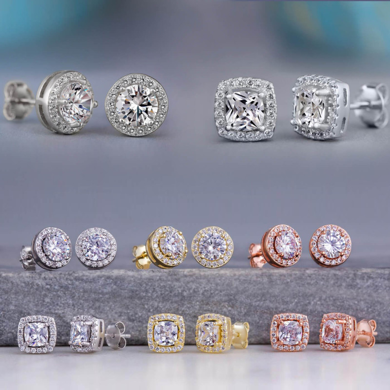 18K Gold Plated 6mm Cubic Zirconia Halo Stud Earrings Round-square halo stud earrings with a 6 mm cubic zirconia centre stone