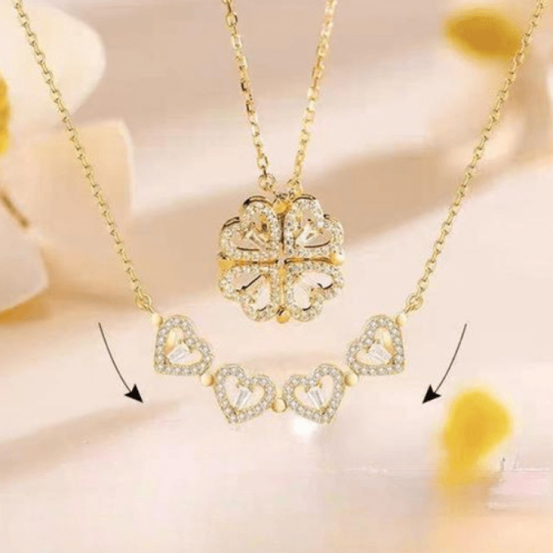 Four-leaf clover heart pendant necklace with sparkling crystals