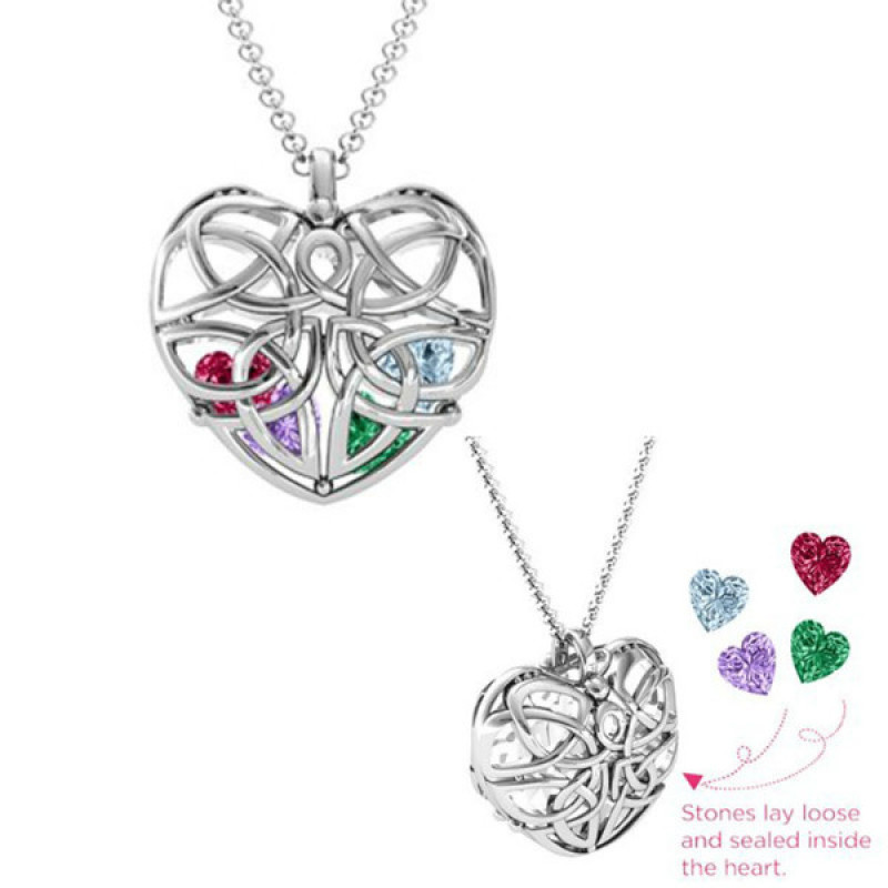 Celtic Trinity Knot cage heart pendant necklace with heart-cut stones