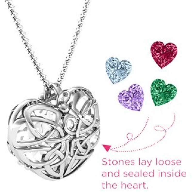 Celtic Trinity Knot cage heart pendant necklace with heart-cut stones