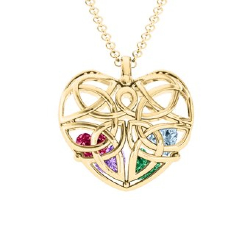 Celtic Trinity Knot cage heart pendant necklace with heart-cut stones