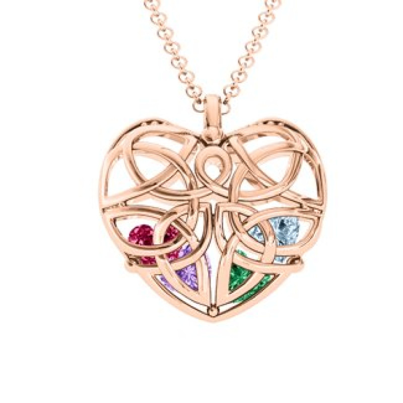 Celtic Trinity Knot cage heart pendant necklace with heart-cut stones