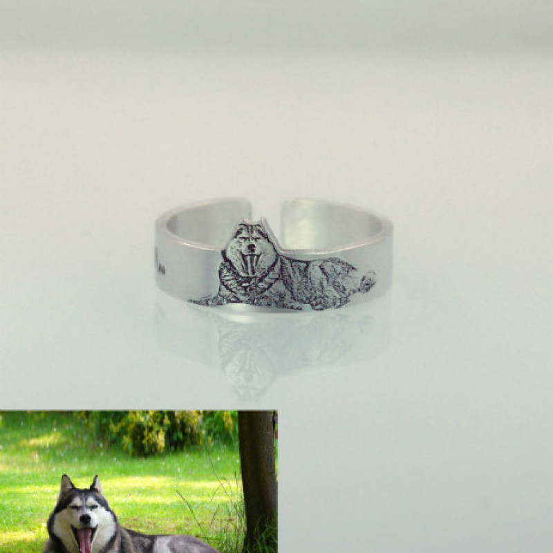 Personalized pet photo engraved sterling silver ring with chain