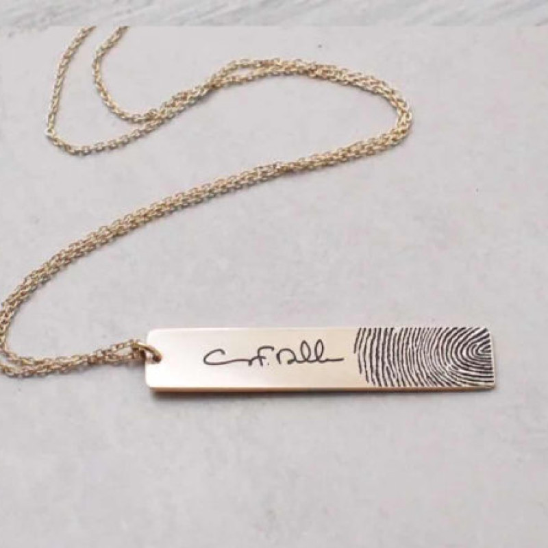 Sterling silver fingerprint bar necklace with signature engraving