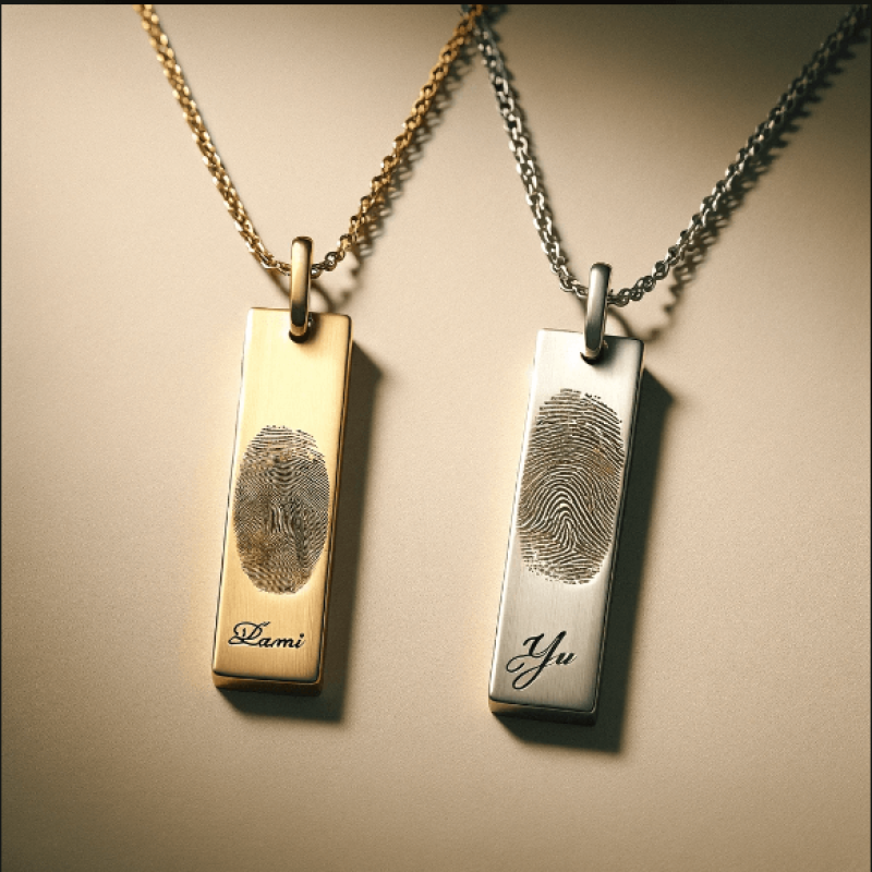 Sterling Silver Fingerprint Necklace with Signature Sterling silver bar necklace personalised with a fingerprint and signature