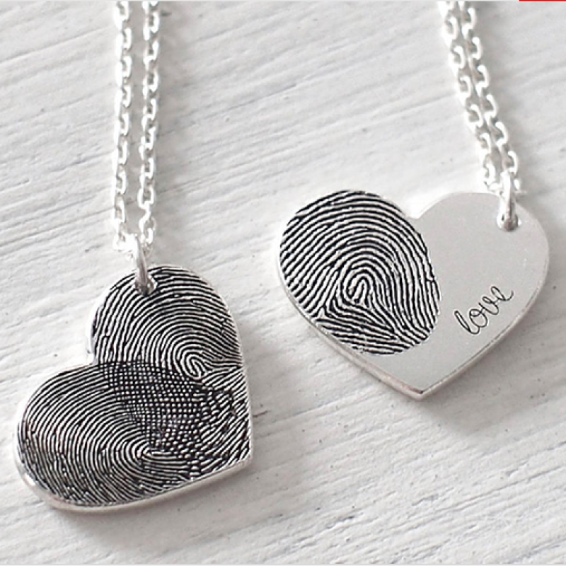 Fingerprint Heart Necklace in Sterling Silver Sterling silver heart necklace with fingerprint and signature engraving