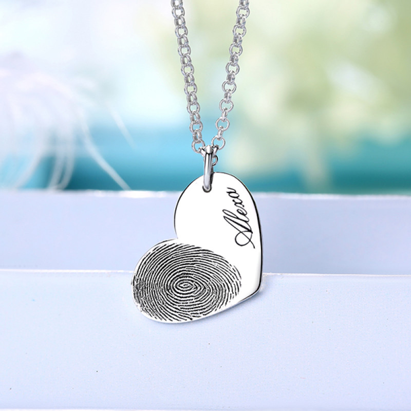 Personalised sterling silver heart necklace with fingerprint engraving