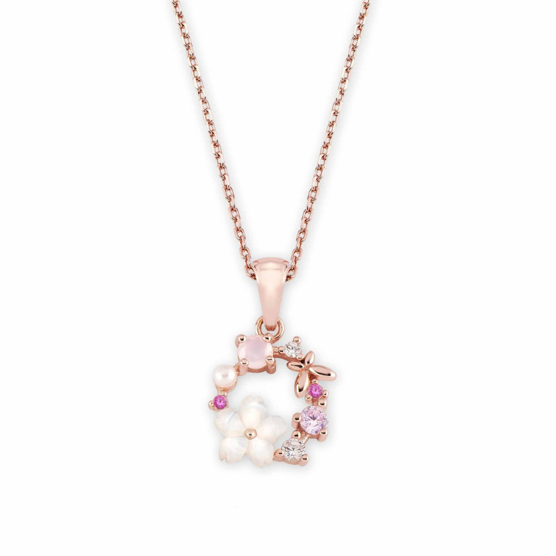 Rose gold flower wreath necklace with pink crystals and pearl