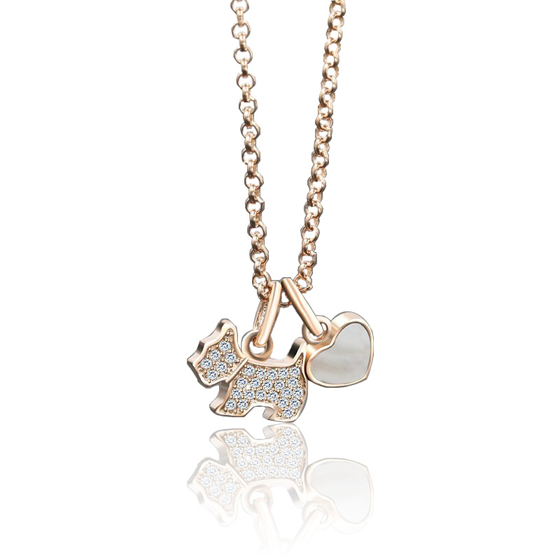 Sterling silver necklace with zircon-studded dog pendant and onyx heart charm