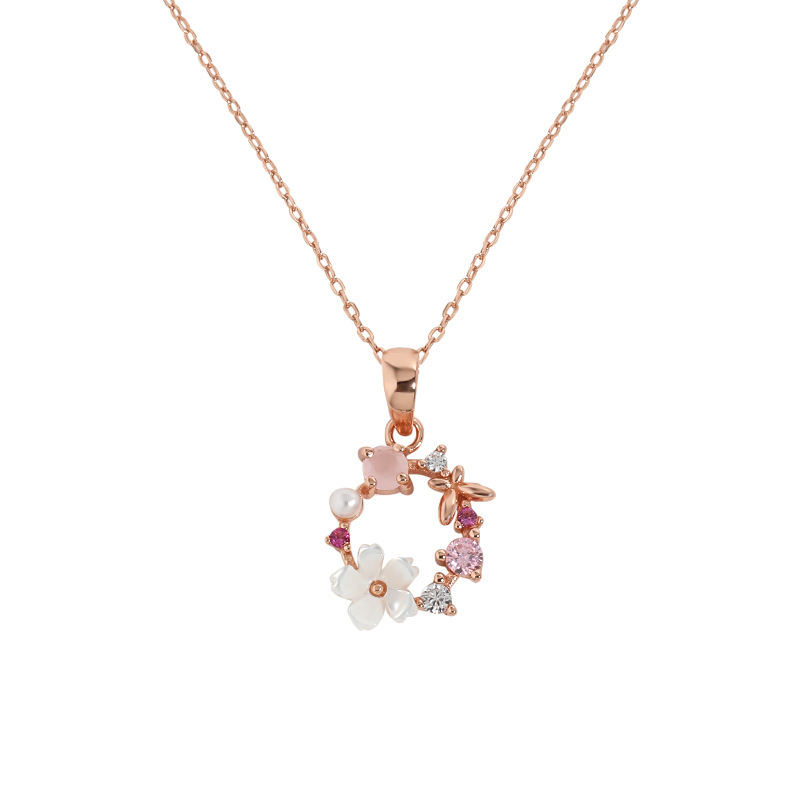 Rose gold flower wreath necklace with pink crystals and pearl