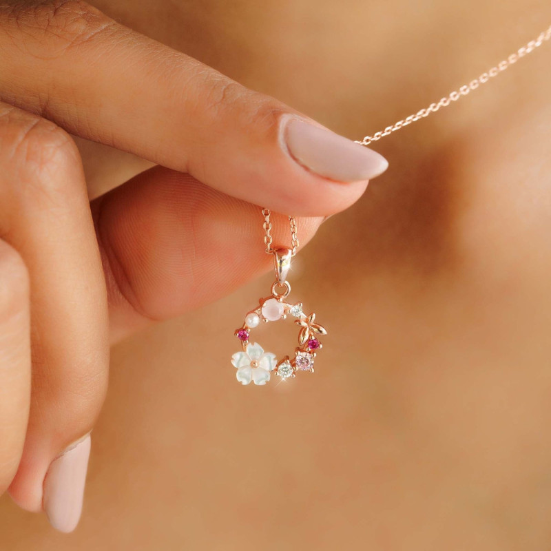 Rose gold flower wreath necklace with pink crystals and pearl