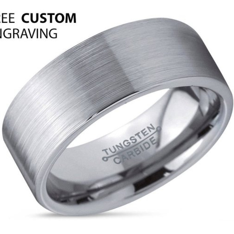 8 mm Silver Brushed Tungsten Men's Wedding Band Silver brushed and polished 8 mm tungsten carbide men's ring