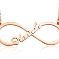 Close view of a rose gold plated infinity name necklace