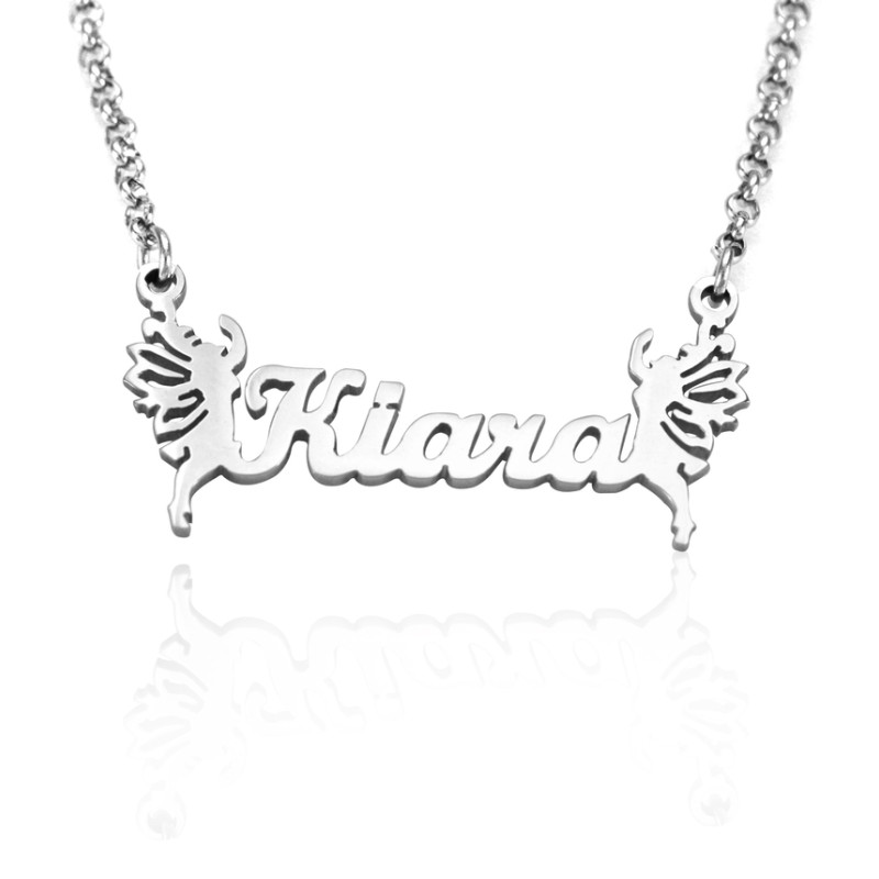 Personalised silver name necklace with fairy ornament