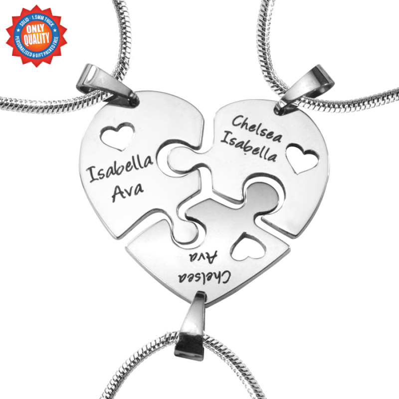 Personalised Triple Heart Puzzle Necklace Set Three personalised heart puzzle pendants that connect to form a heart