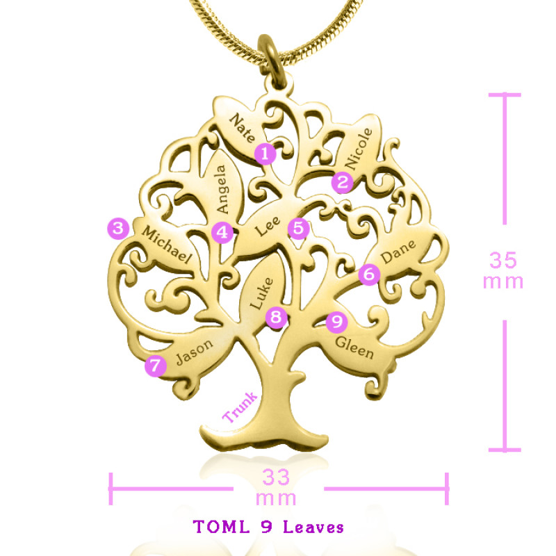 Tree of My Life Necklace Gold Close-Up Close-up view of the Personalised Tree of My Life Necklace 9 in gold finish