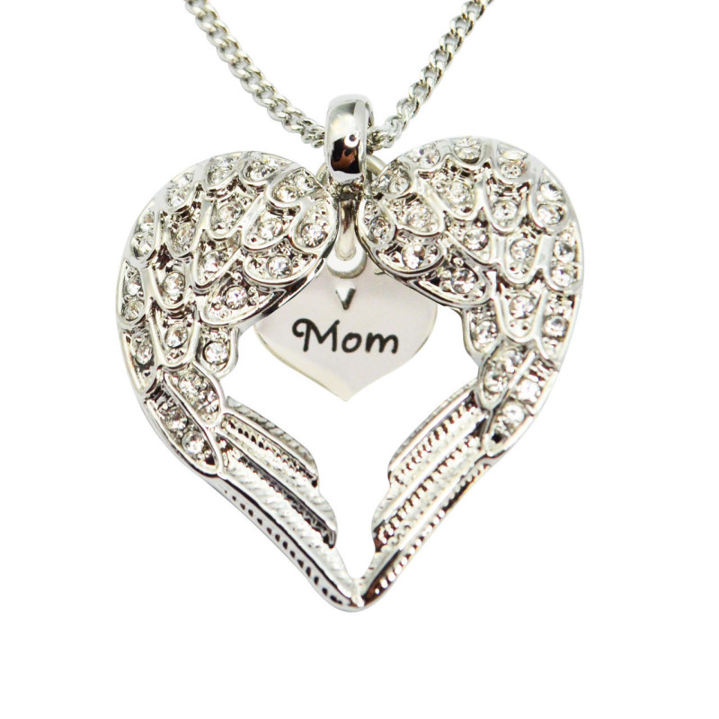 Angel Heart Necklace with Mom Inscription Personalised angel heart necklace with Mom inscription